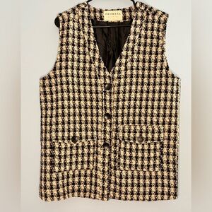 Women’s Promesa Plaid Tweed Utility Button Vest Size Medium Black Cream